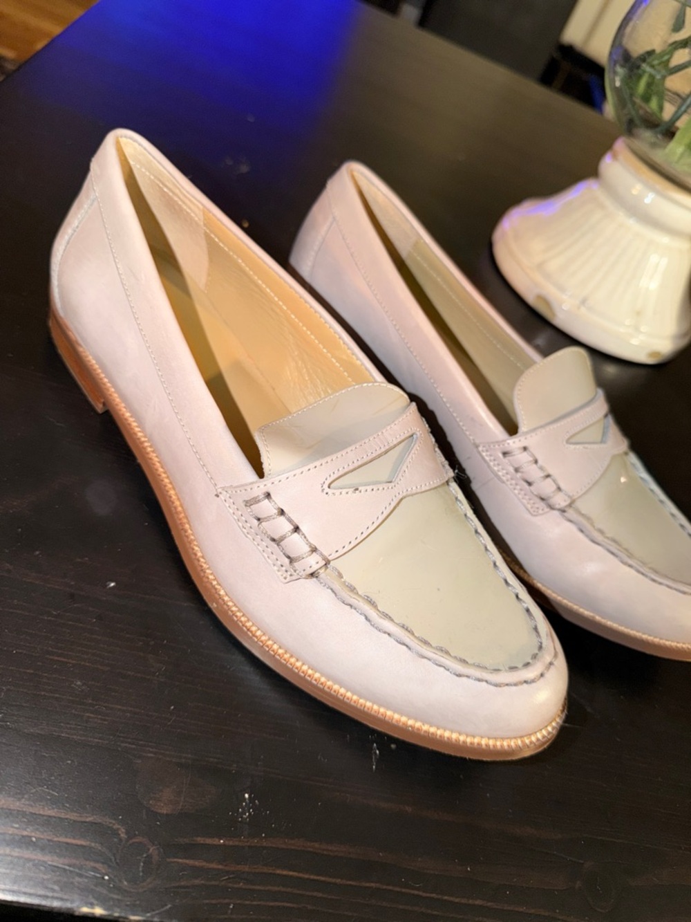 Ralph Lauren Women's Leather Penny Loafers in Light Gray and Cream